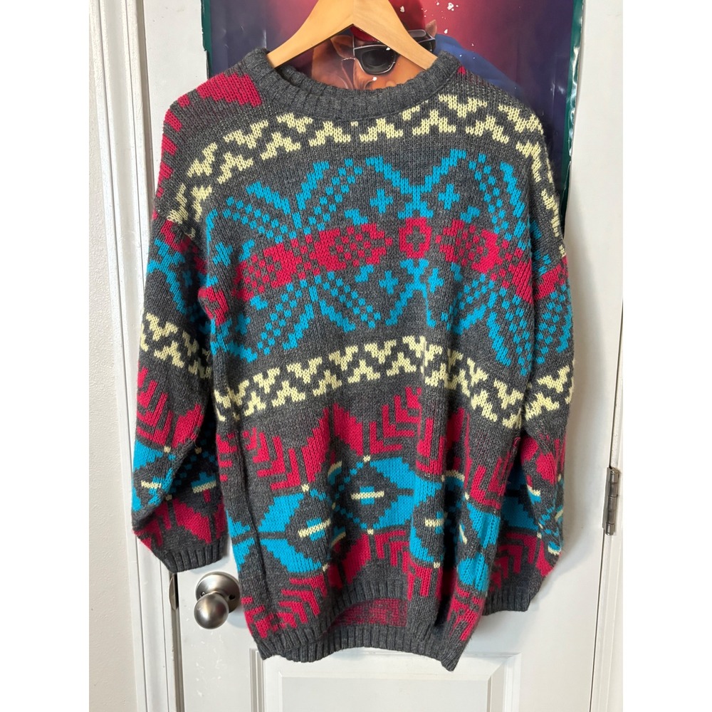 Vintage Chris Ann Originals Geometric Fair Isle Sweater Mens Grey Pink Blue USA